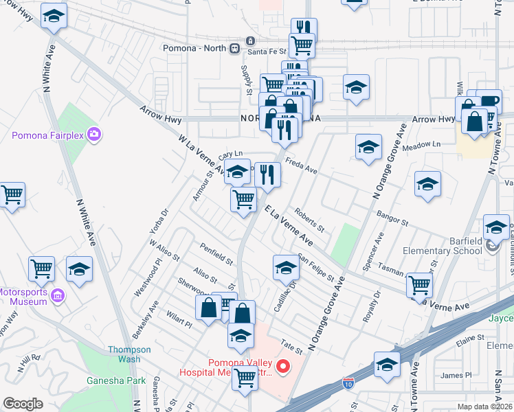 map of restaurants, bars, coffee shops, grocery stores, and more near in Pomona