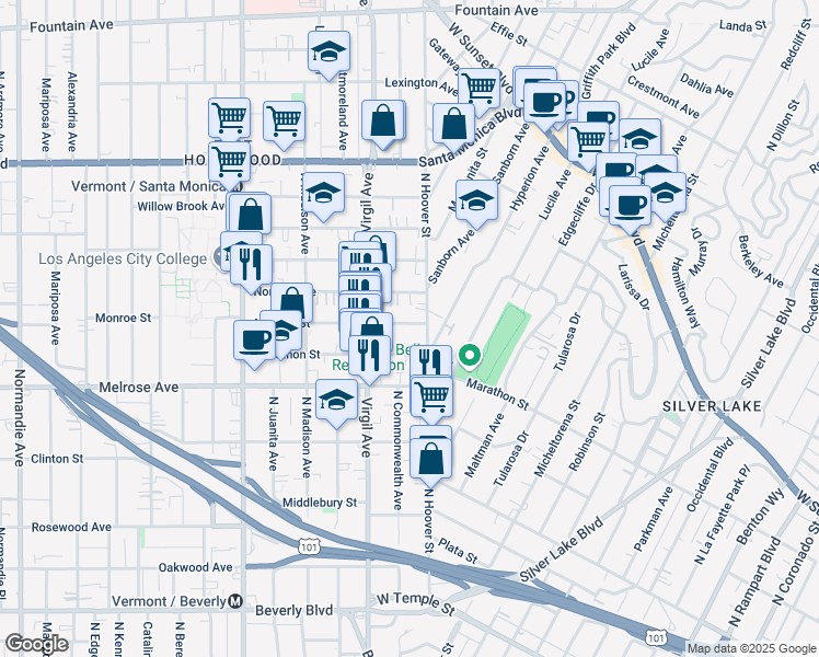 map of restaurants, bars, coffee shops, grocery stores, and more near 4020 Monroe Street in Los Angeles