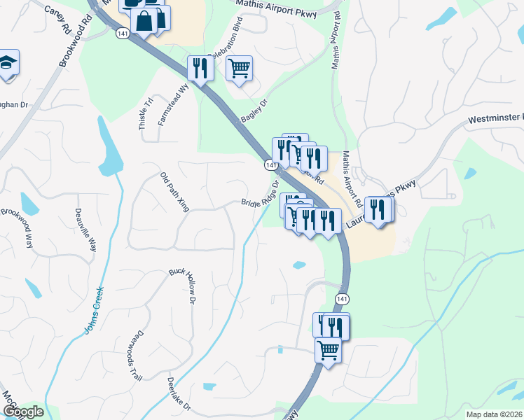 map of restaurants, bars, coffee shops, grocery stores, and more near 3305 Parsons Run in Suwanee