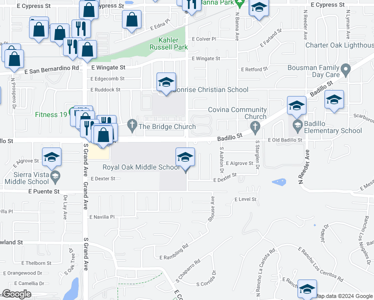 map of restaurants, bars, coffee shops, grocery stores, and more near 129 Glendora Avenue in Covina