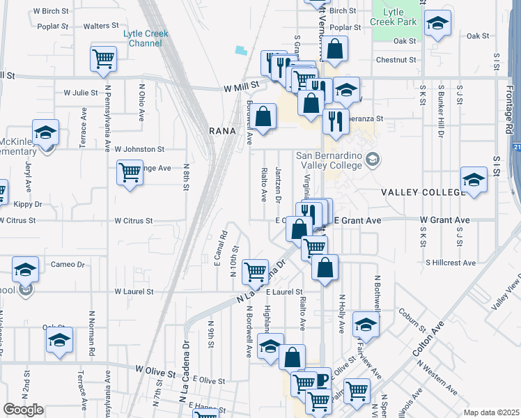 map of restaurants, bars, coffee shops, grocery stores, and more near 1541 Rialto Avenue in Colton
