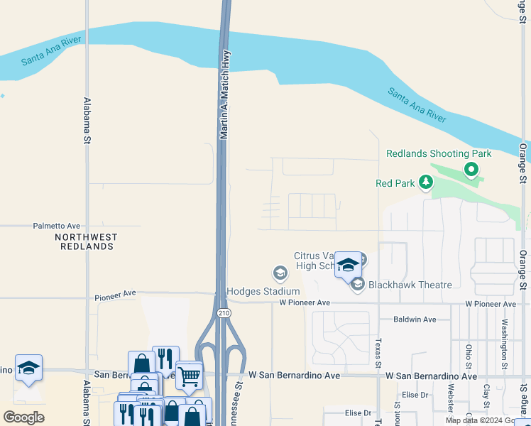 map of restaurants, bars, coffee shops, grocery stores, and more near 2053 Bergamot Street in Redlands