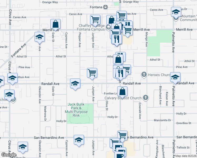 map of restaurants, bars, coffee shops, grocery stores, and more near Olive Street in Fontana