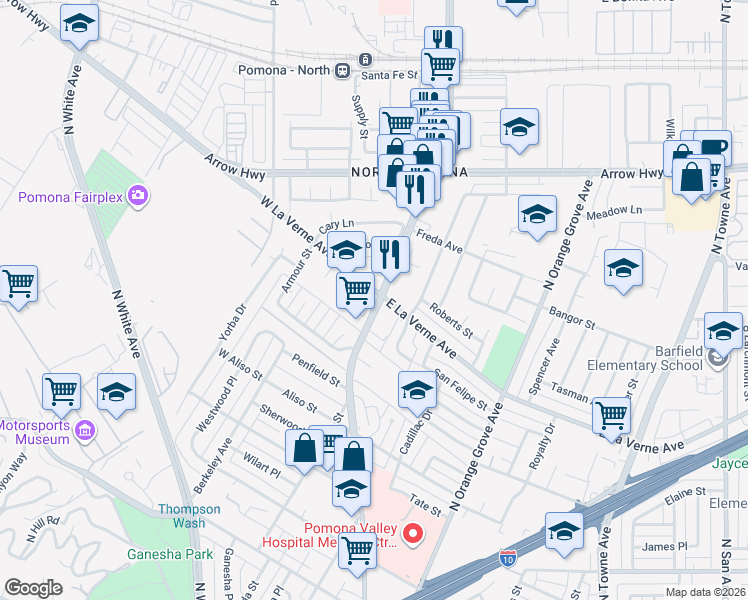 map of restaurants, bars, coffee shops, grocery stores, and more near in Pomona