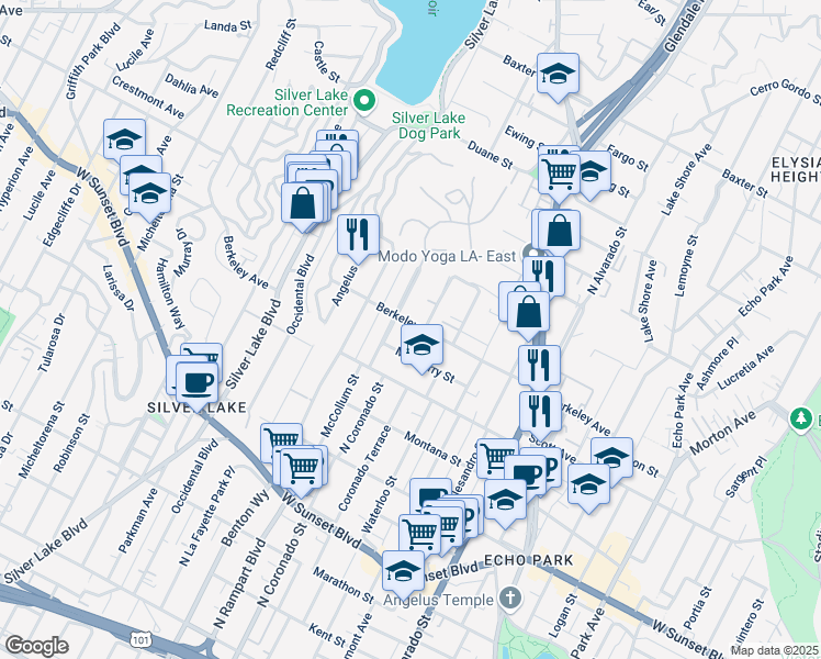 map of restaurants, bars, coffee shops, grocery stores, and more near 2514 Berkeley Avenue in Los Angeles