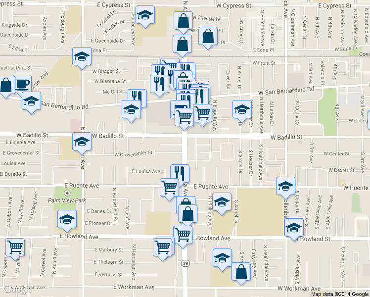 map of restaurants, bars, coffee shops, grocery stores, and more near 838 State Route 39 in West Covina
