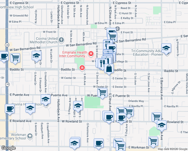 map of restaurants, bars, coffee shops, grocery stores, and more near 219 West Center Street in Covina