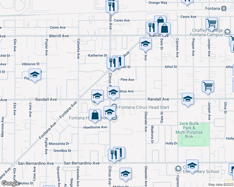 map of restaurants, bars, coffee shops, grocery stores, and more near 16139 Dianthus Avenue in Fontana