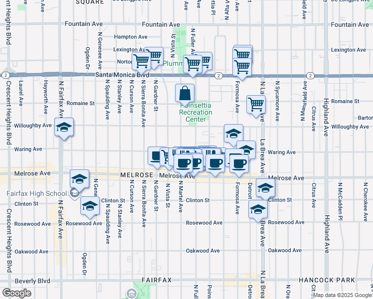 map of restaurants, bars, coffee shops, grocery stores, and more near 823 North Fuller Avenue in Los Angeles
