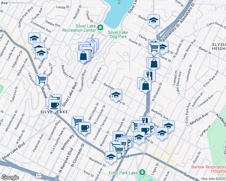 map of restaurants, bars, coffee shops, grocery stores, and more near 2514 Berkeley Avenue in Los Angeles