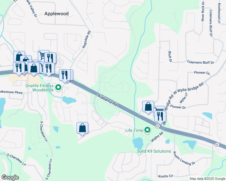 map of restaurants, bars, coffee shops, grocery stores, and more near 258 Balaban Circle in Woodstock