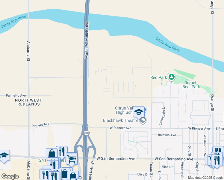 map of restaurants, bars, coffee shops, grocery stores, and more near 2039 Zest Street in Redlands