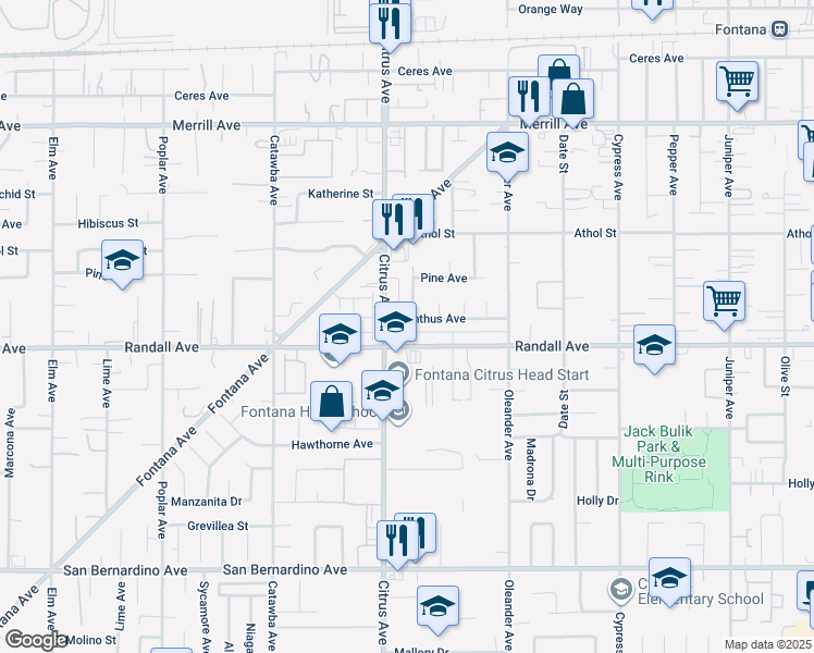 map of restaurants, bars, coffee shops, grocery stores, and more near 16139 Dianthus Avenue in Fontana
