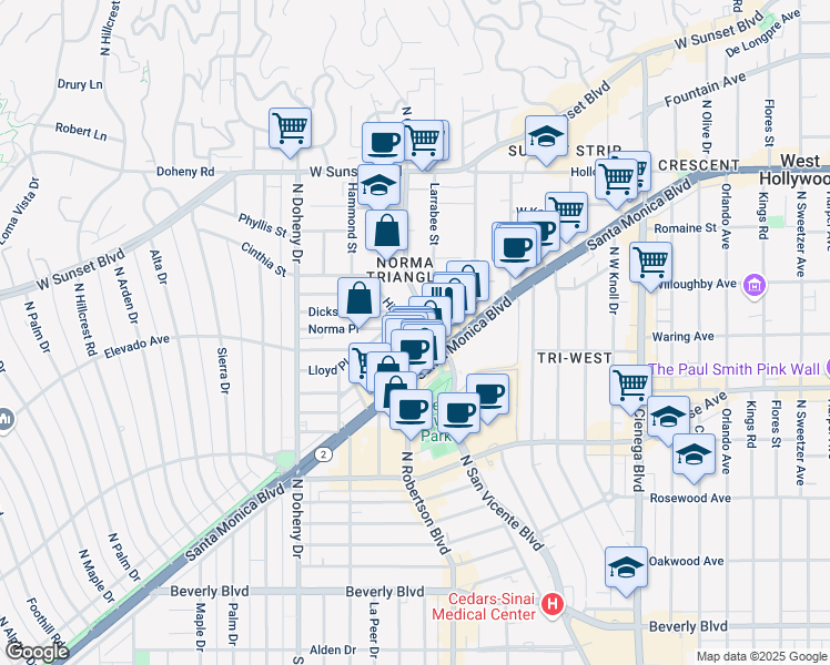 map of restaurants, bars, coffee shops, grocery stores, and more near 855 Hilldale Avenue in West Hollywood