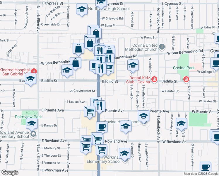 map of restaurants, bars, coffee shops, grocery stores, and more near 1838 Badillo Street in West Covina