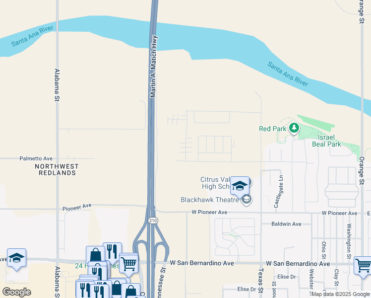 map of restaurants, bars, coffee shops, grocery stores, and more near 2093 Bergamot Street in Redlands