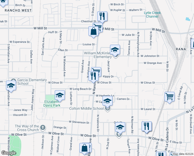 map of restaurants, bars, coffee shops, grocery stores, and more near 1665 North Rancho Avenue in Colton