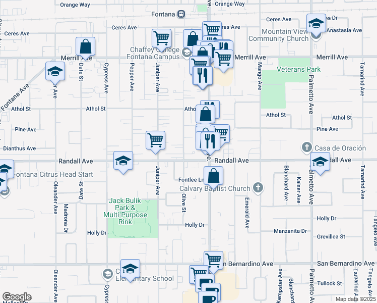 map of restaurants, bars, coffee shops, grocery stores, and more near 9248 Olive Street in Fontana