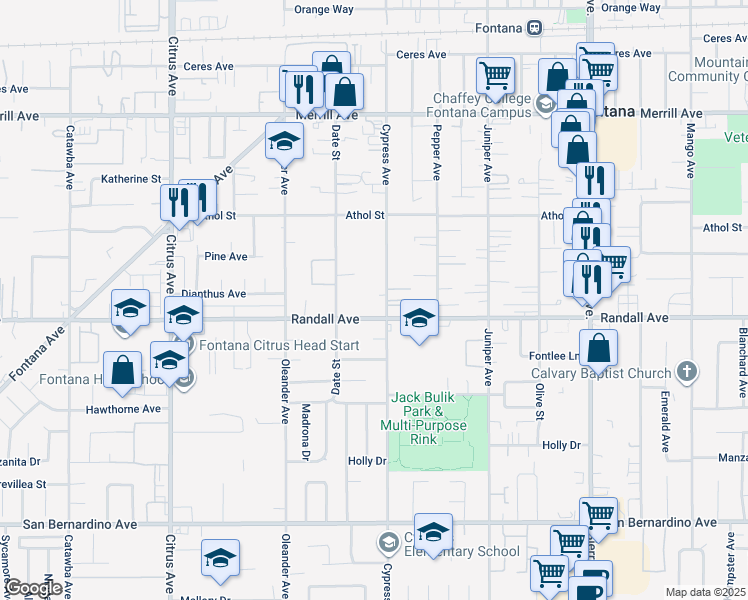 map of restaurants, bars, coffee shops, grocery stores, and more near 9214 Cypress Avenue in Fontana