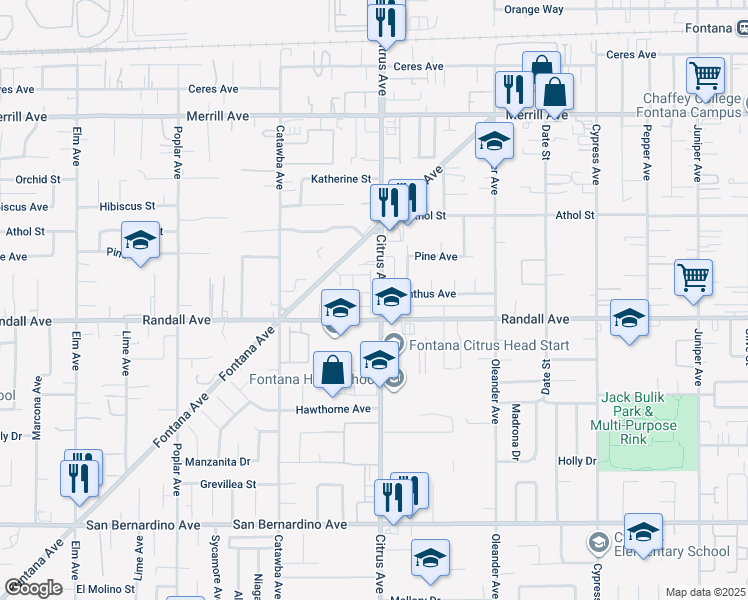 map of restaurants, bars, coffee shops, grocery stores, and more near 9250 Citrus Avenue in Fontana