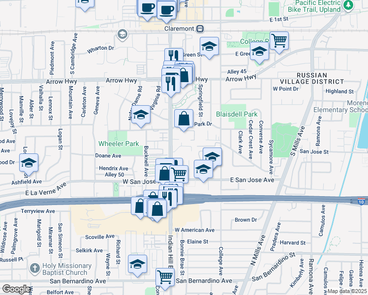 map of restaurants, bars, coffee shops, grocery stores, and more near 552 South Indian Hill Boulevard in Claremont