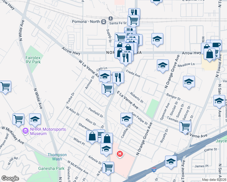 map of restaurants, bars, coffee shops, grocery stores, and more near in Pomona
