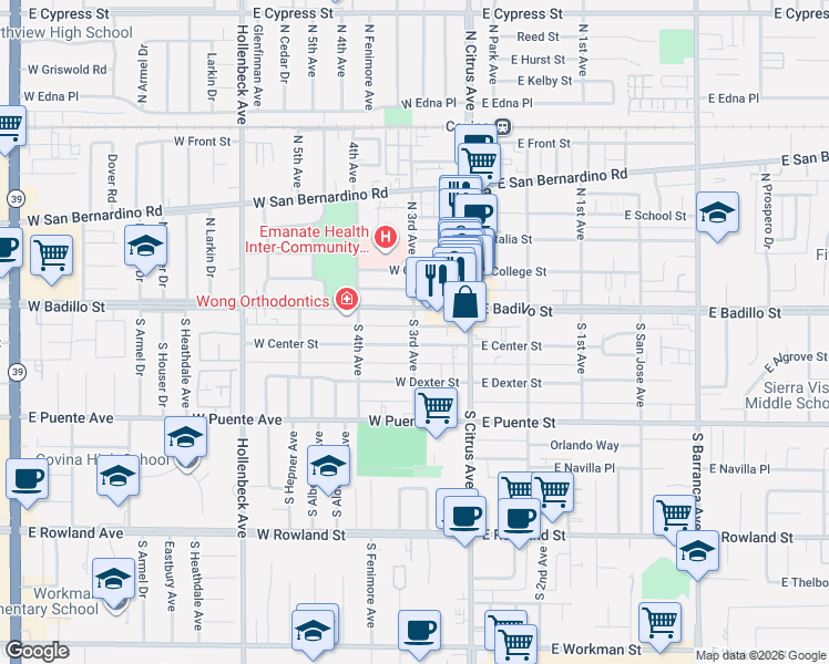 map of restaurants, bars, coffee shops, grocery stores, and more near 202 Badillo Street in Covina