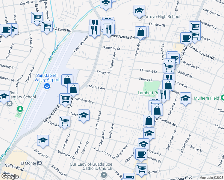 map of restaurants, bars, coffee shops, grocery stores, and more near 11189 Mc Girk Avenue in El Monte