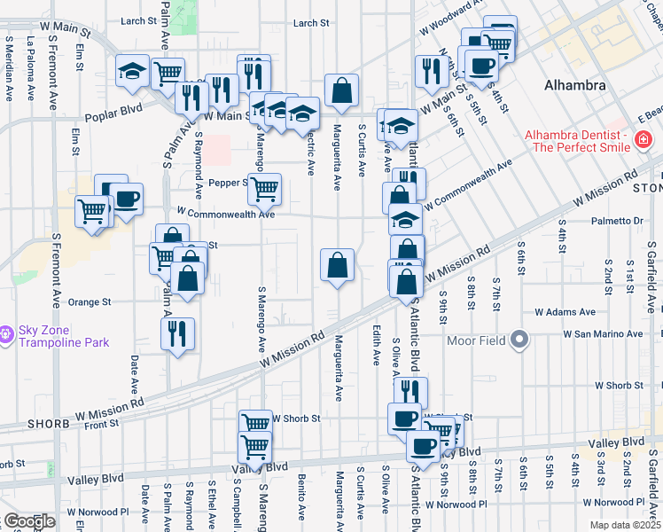 map of restaurants, bars, coffee shops, grocery stores, and more near 409 Marguerita Avenue in Alhambra