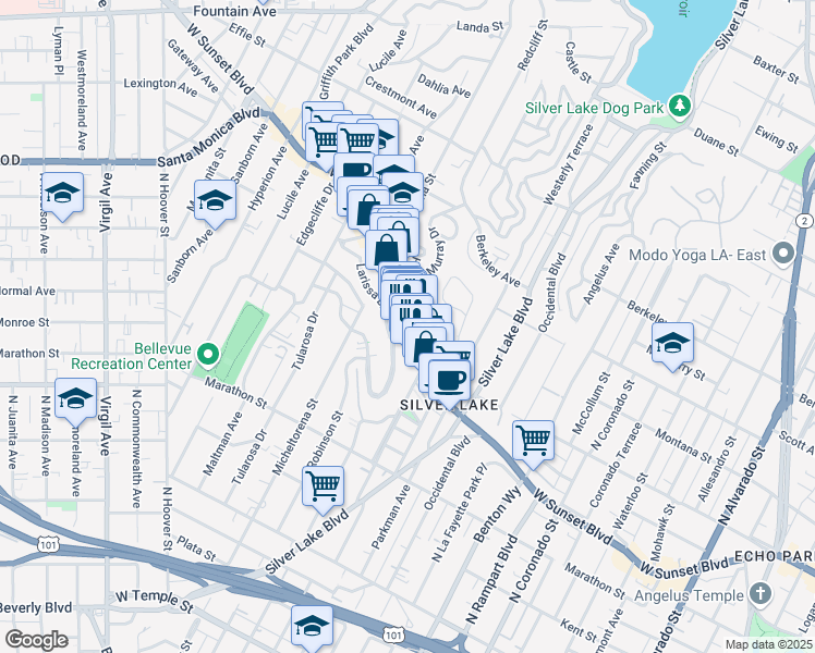 map of restaurants, bars, coffee shops, grocery stores, and more near 3204 Sunset Boulevard in Los Angeles
