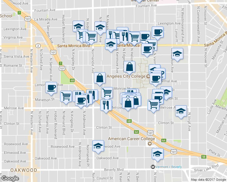 map of restaurants, bars, coffee shops, grocery stores, and more near 800 North Alexandria Avenue in Los Angeles