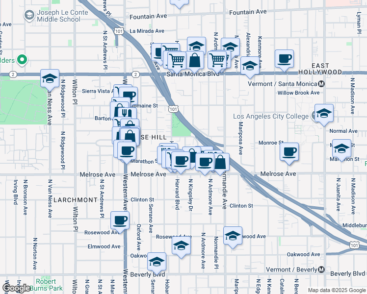 map of restaurants, bars, coffee shops, grocery stores, and more near 848 North Harvard Boulevard in Los Angeles
