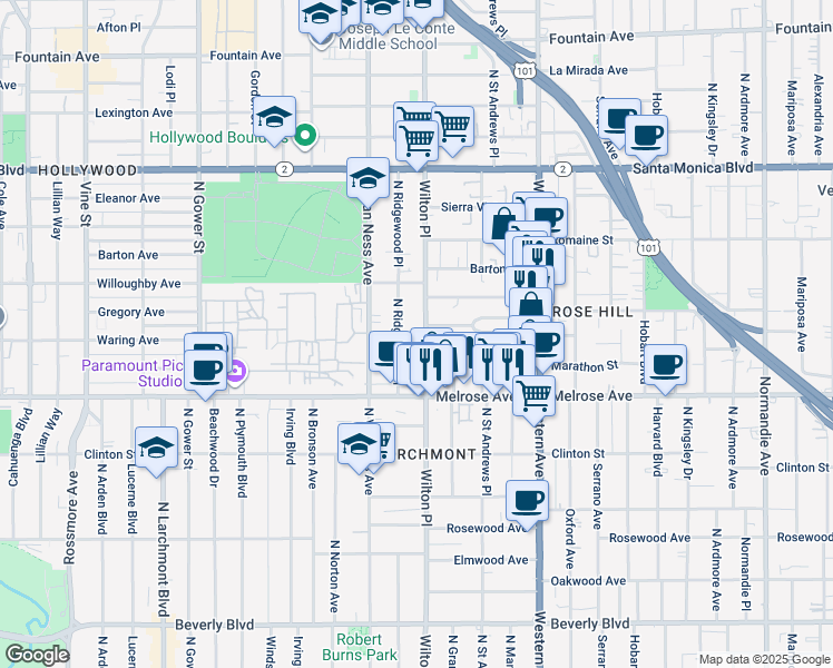 map of restaurants, bars, coffee shops, grocery stores, and more near 825 North Wilton Place in Los Angeles