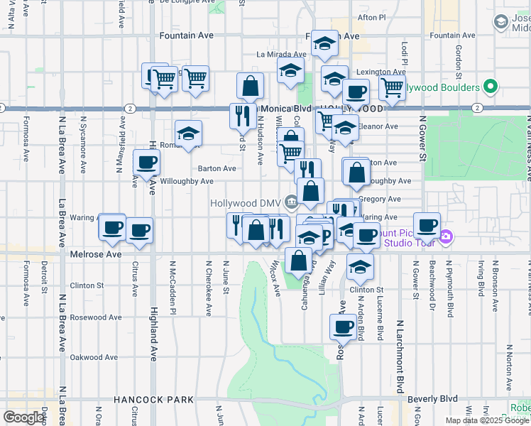 map of restaurants, bars, coffee shops, grocery stores, and more near 816 North Hudson Avenue in Los Angeles