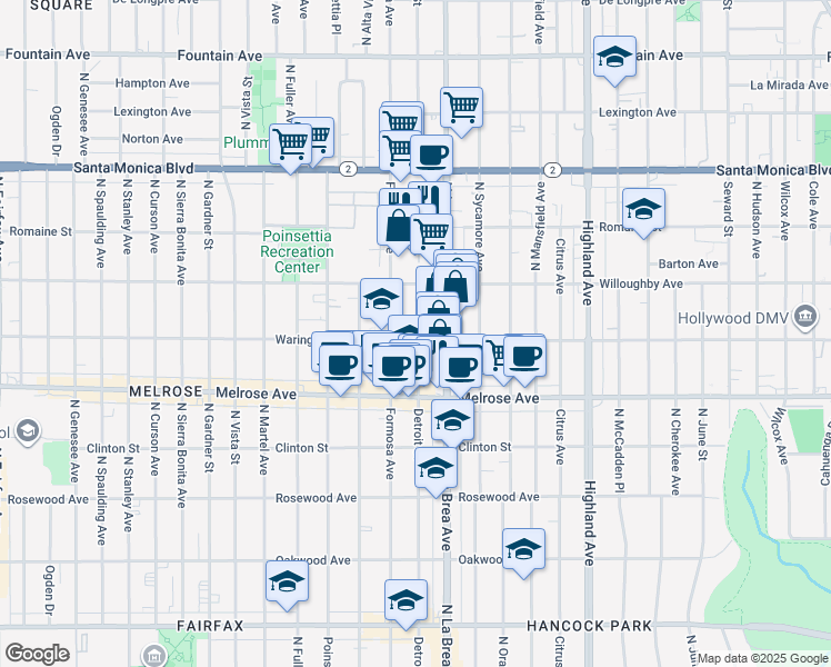 map of restaurants, bars, coffee shops, grocery stores, and more near 823 North Detroit Street in Los Angeles