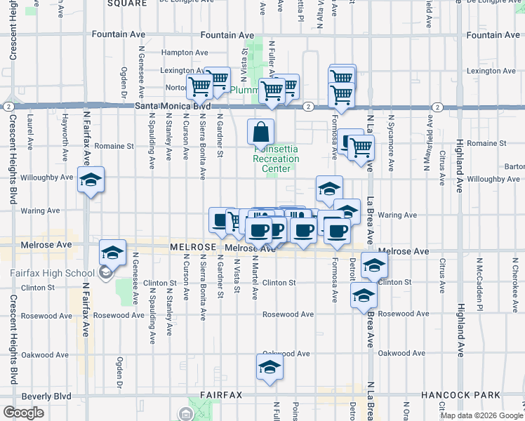 map of restaurants, bars, coffee shops, grocery stores, and more near 823 North Fuller Avenue in Los Angeles