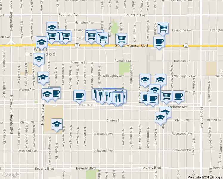 map of restaurants, bars, coffee shops, grocery stores, and more near 823 North Martel Avenue in Los Angeles