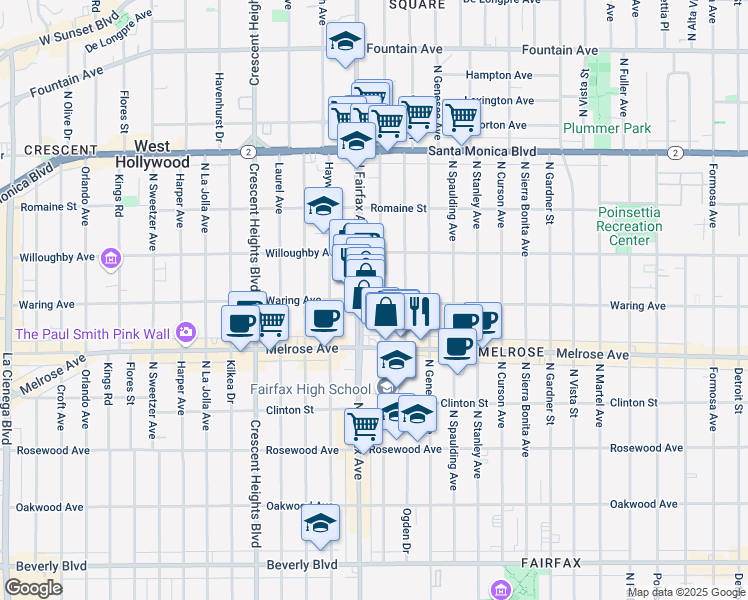 map of restaurants, bars, coffee shops, grocery stores, and more near 814 North Orange Grove Avenue in Los Angeles