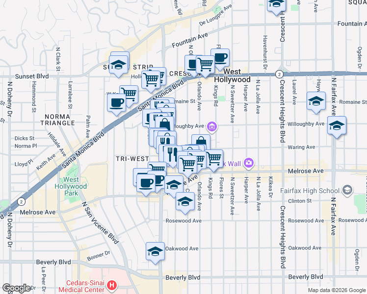 map of restaurants, bars, coffee shops, grocery stores, and more near 822 North Croft Avenue in Los Angeles
