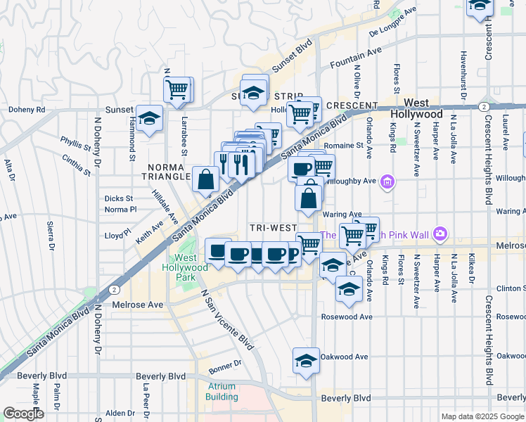 map of restaurants, bars, coffee shops, grocery stores, and more near 833 Westbourne Drive in West Hollywood