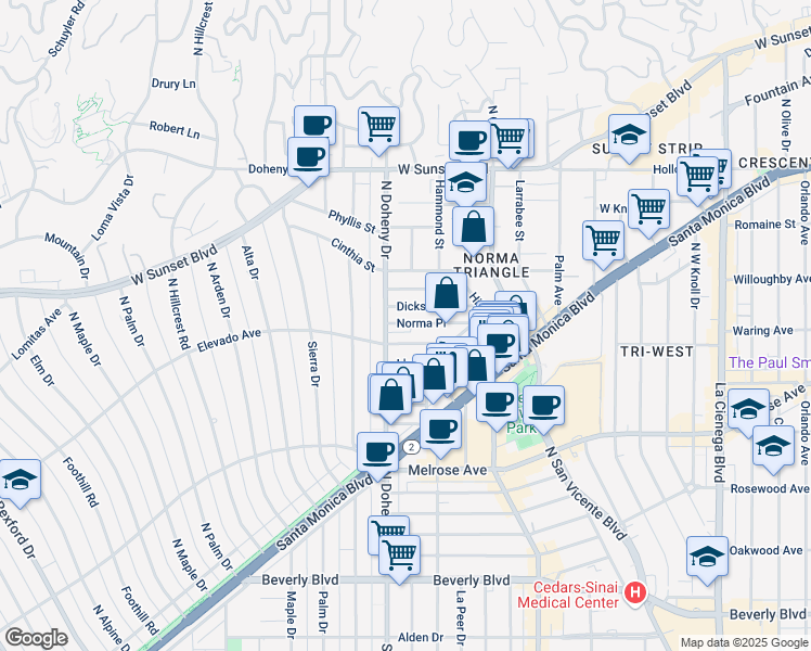 map of restaurants, bars, coffee shops, grocery stores, and more near 9036 Dicks Street in West Hollywood