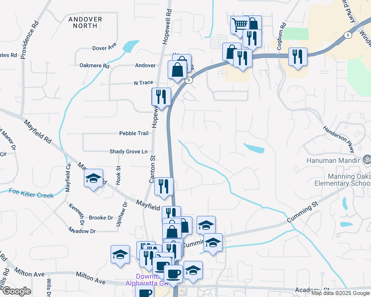 map of restaurants, bars, coffee shops, grocery stores, and more near 1885 North Creek Circle in Alpharetta