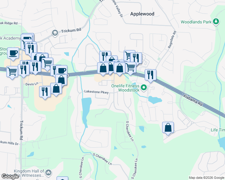 map of restaurants, bars, coffee shops, grocery stores, and more near 3203 South Cherokee Lane in Woodstock