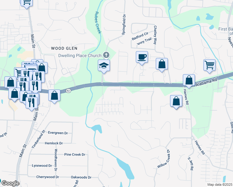 map of restaurants, bars, coffee shops, grocery stores, and more near 207 Magnolia Creek Way in Woodstock