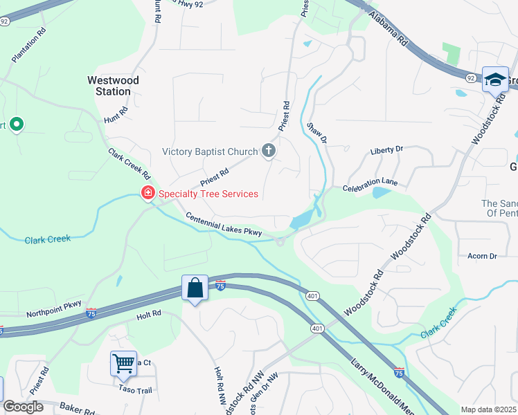 map of restaurants, bars, coffee shops, grocery stores, and more near 233 Anniversary Lane in Acworth