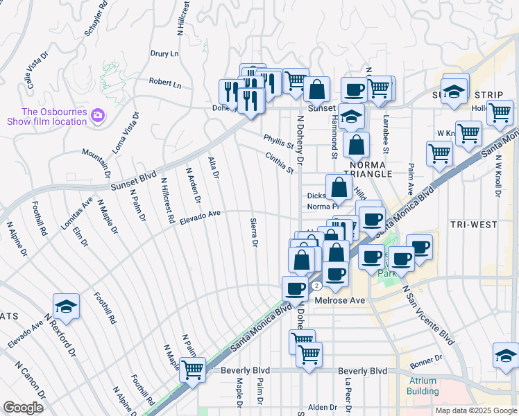 map of restaurants, bars, coffee shops, grocery stores, and more near 702 Sierra Drive in Beverly Hills