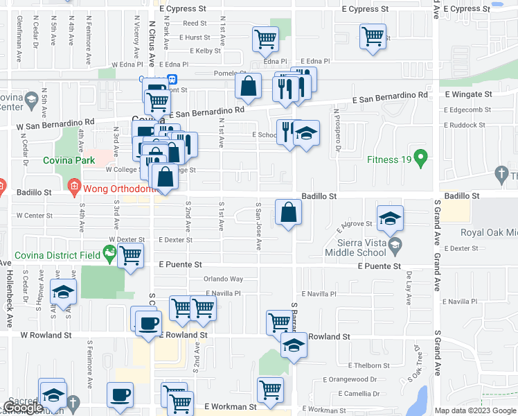 map of restaurants, bars, coffee shops, grocery stores, and more near 320 South San Jose Avenue in Covina