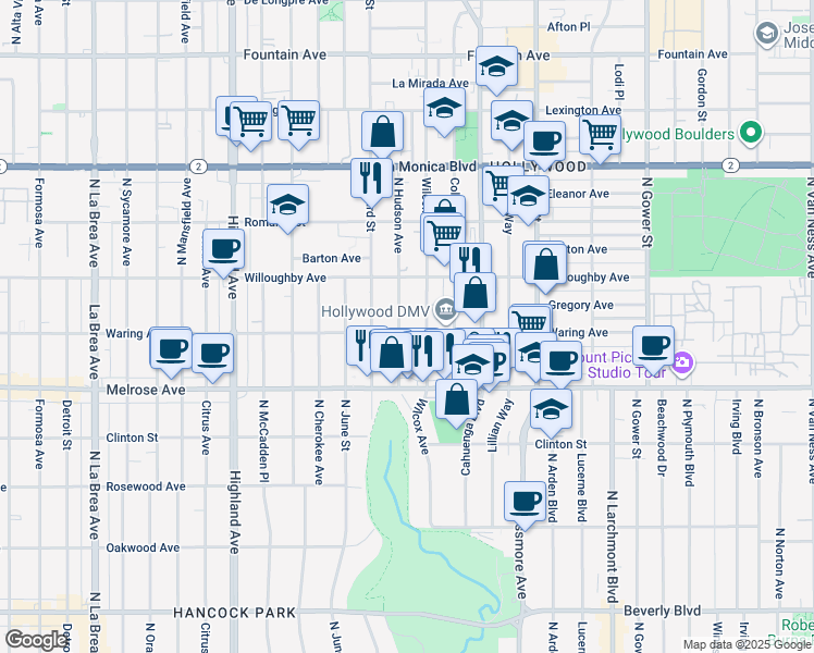 map of restaurants, bars, coffee shops, grocery stores, and more near 6217 Waring Avenue in Los Angeles