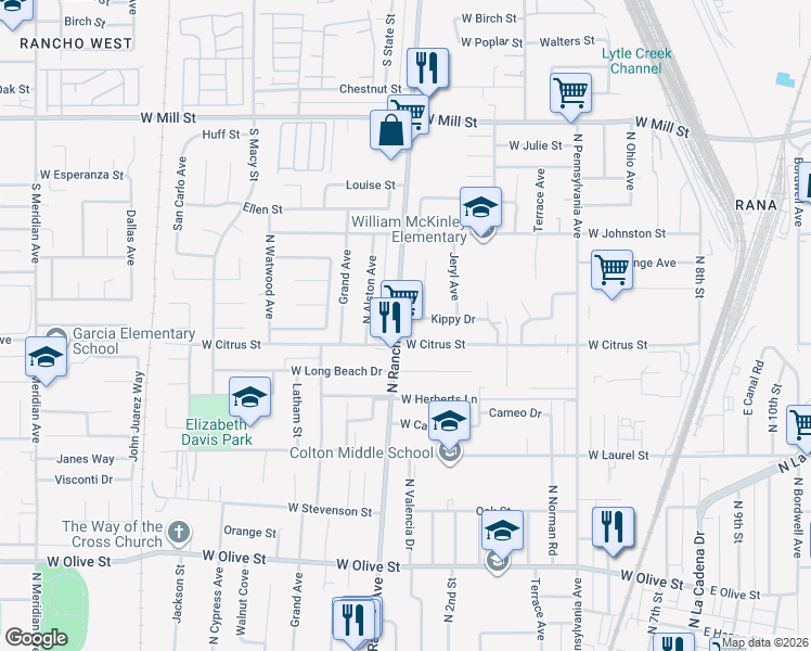 map of restaurants, bars, coffee shops, grocery stores, and more near 1665 North Rancho Avenue in Colton