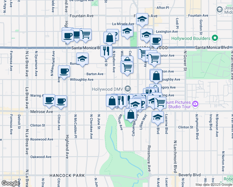 map of restaurants, bars, coffee shops, grocery stores, and more near 6217 Waring Avenue in Los Angeles